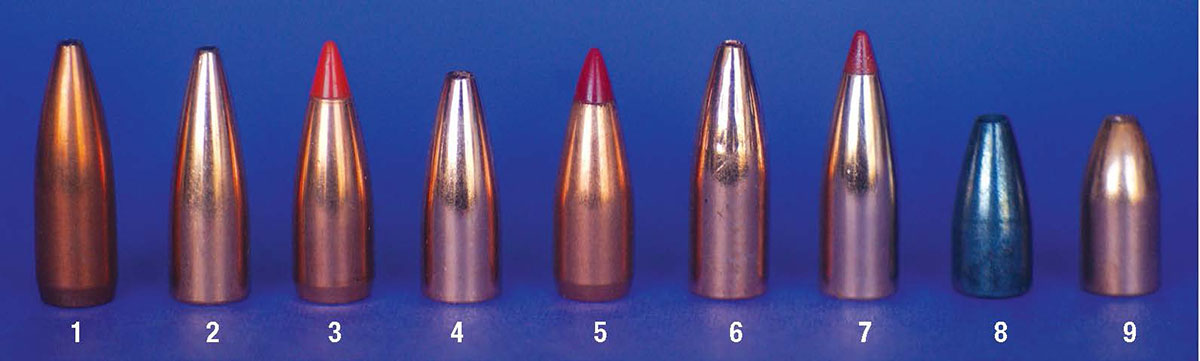 The .22 Super Jet was tested with nine different bullets: (1) Sierra 52-grain HP Match, (2) Speer 50 TNT, (3) Hornady 40 V-MAX, (4) Berger 40 FB Varmint, (5) Nosler 40 Ballistic Tip, (6) Barnes 36 Varmint Grenade, (7) Nosler 35 Ballistic Tip LF, (8) Calhoon 30 Double Hollowpoint, and the (9) Speer 30-grain TNT.